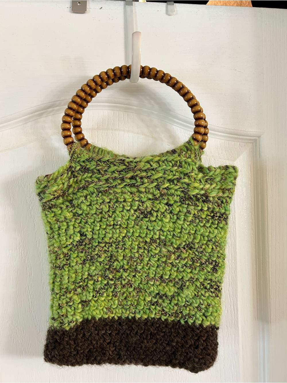 Handmade Green Knit Tote satchel with Wooden Beaded Handles